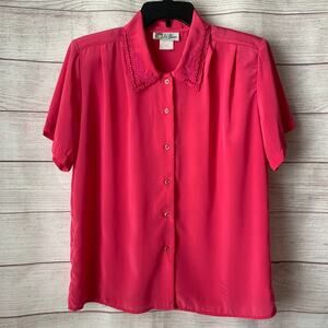 Vintage La Blouse Pink Silky Blouse Button Up Short Sleeves Shoulder Pads 12